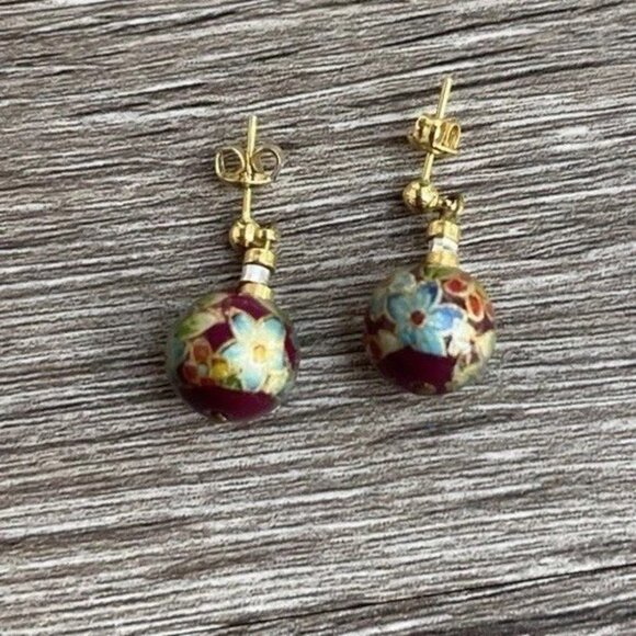 Vintage Cloisonne Earrings Carnelian Earrings Enamel Red White Round Dangle 1” - Picture 5 of 12